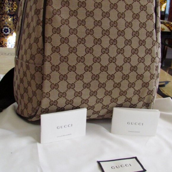Authentic GUCCI Canvas& Leather Beige/Brown ebony GG print Backpack Large UNISEX - Picture 9 of 15